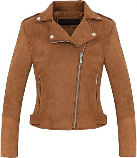 Women's Stylish Notched Collar Oblique Zip Suede Leather Moto Jacket