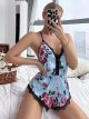 Women's Floral Print Lace Trim Backless Cami Short Romper Satin Sleepwear