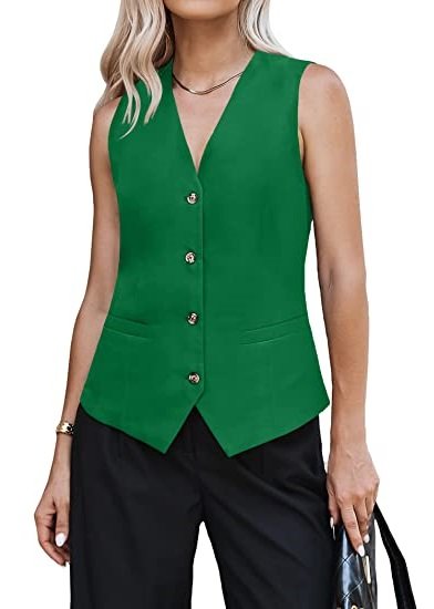 Womens Casual Suit Vest Fully Lined 4 Button V-Neck Vests Waistcoat with Pockets