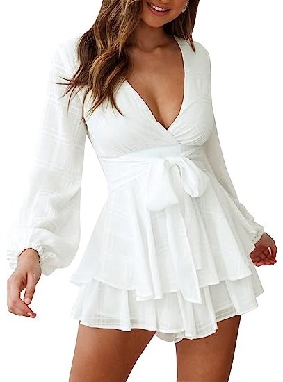 Women's Floral Print Deep V-Neck Romper Double Layer Ruffle Hem Jumpsuits Long Baggy Sleeves