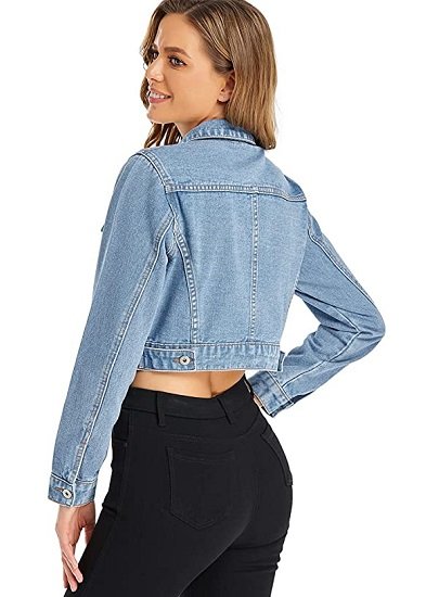 Women’s Cropped Jean Denim Jacket Button Down Long Sleeve with Pockets