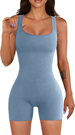 Women Yoga Rompers Workout Ribbed Square Neck Sleeveless Sport Romper