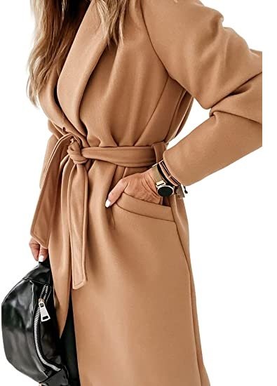 Womens Classic Coat Lapel Collar Open Front Belted Long Jacket