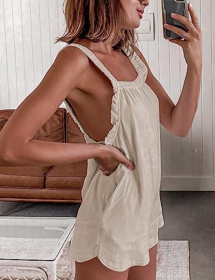 Short Overalls for Women Cotton Sleeveless Straps Ruffle Bib Jumpsuits Rompers with Pockets